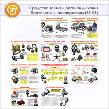 Плакаты «Средства защиты органов дыхания. Противогазы, респираторы» (ВЗ-03, 10 листов, А3)